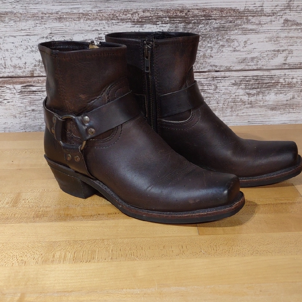 Frye Dark Brown Leather Harness Ankle Booties